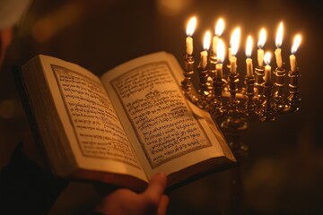 Hanukkah Blessings at the Menorah: A reverent image of a person reciting Hanukkah blessings with a prayer book open in one hand and the other hand raised towards the lit menorah. The scene captures th