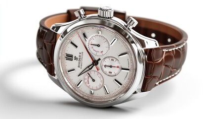 Silver Chronograph Wristwatch with Brown Leather Strap