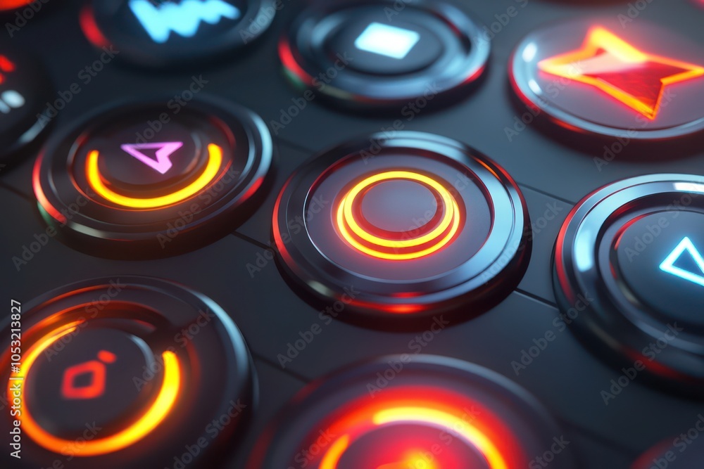 Poster futuristic 3d render of skills icons, sharp with well-defined shapes and colors.
