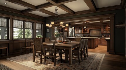 Craftsman dining area featuring a long wooden table, artisan chairs, and a wrought iron chandelier creating a cozy ambiance.