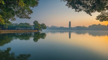 Obraz premium A peaceful scene at Hoan Kiem Lake in Hanoi, with the Turtle Tower in the distance and trees