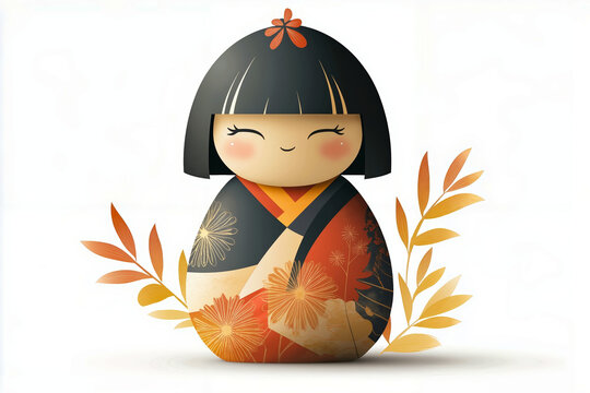 recommend clip art: A stylized, cartoon-like depiction of a Japanese Daruma doll, featuring a smiling face, black hair with a red flower, and a colorful, floral design
