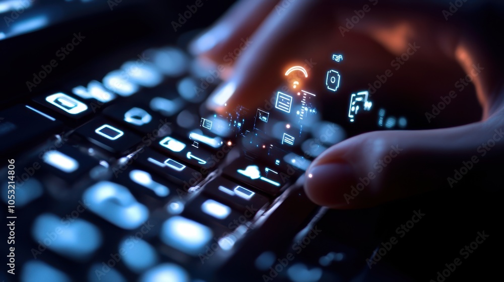Poster a person hand hovering over a keyboard, with digital customer support icons and internet