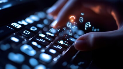 A person hand hovering over a keyboard, with digital customer support icons and internet