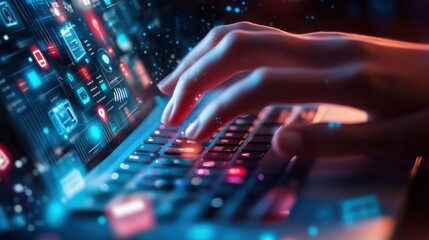 A person hand hovering over a keyboard, with digital customer support icons and internet