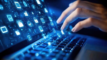 A person hand hovering over a keyboard, with digital customer support icons and internet