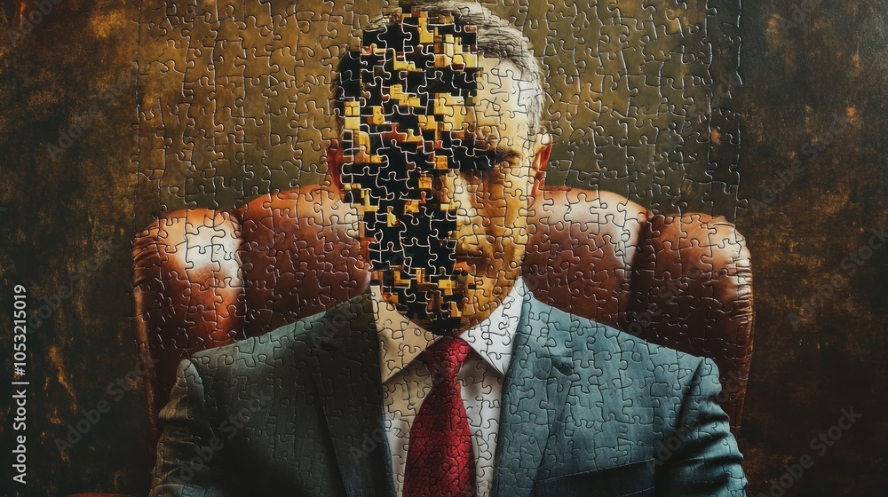 Aufkleber a surreal portrait of a man with a fragmented face, suggesting complexity and intrigue.