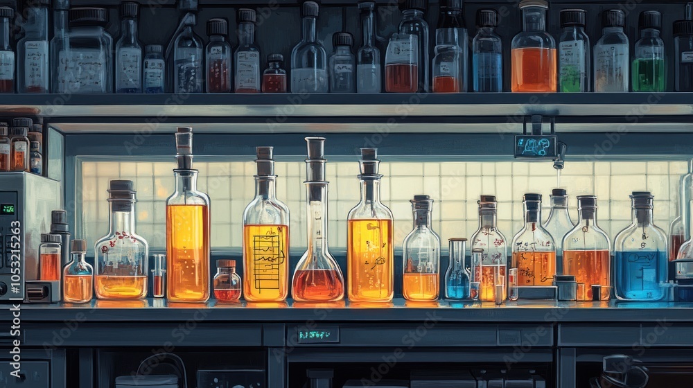 Aufkleber laboratory shelf displaying various colorful chemical solutions.