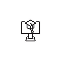 An icon representing online education or distance learning. The computer monitor and graduation cap symbolize the ability to learn and earn a degree through online platforms. Editable icon.