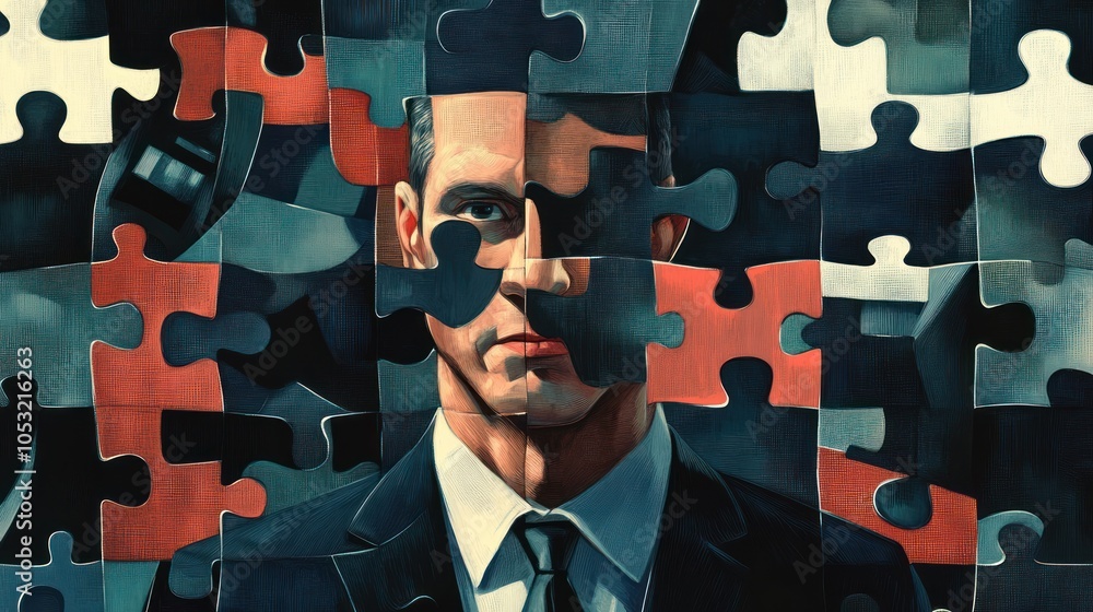 Poster a fragmented portrait of a man in a suit, symbolizing mystery and complexity.