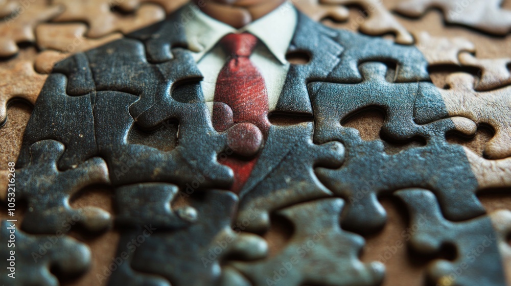 Poster a close-up of a puzzle piece depicting a suited figure, symbolizing complexity in identity.