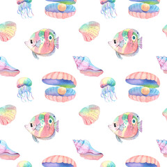 Marine animals include  Buttefly Fish, Jelly fish, Conch shell and pearl shell, Hand-draw Watercolor Seamless Pattern