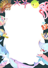 Mermaids with Marine Wildlife Frame Design, Watercolor Hand-Drawn Illustration
