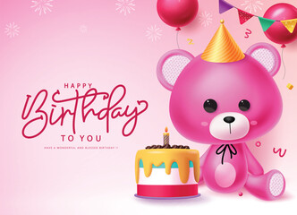 Happy birthday greeting vector design. Birthday greeting text with cute purple teddy bear, cake and balloon elements for kids birthday invitation card in fireworks pink background. Vector illustration