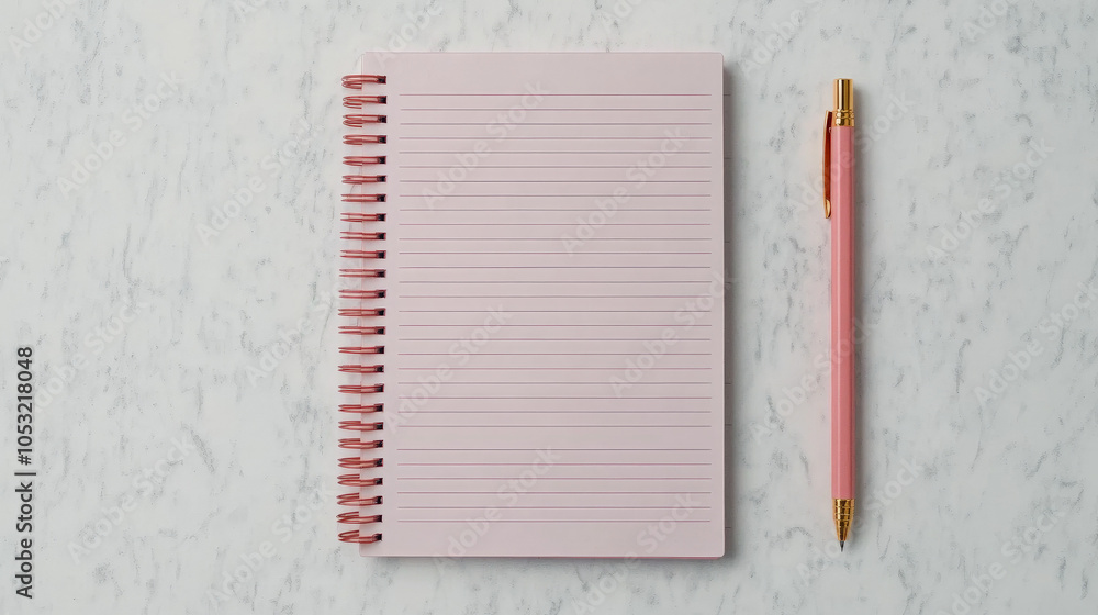Poster pink notebook and pen: a minimalist composition featuring a pink notebook with lined pages and a mat