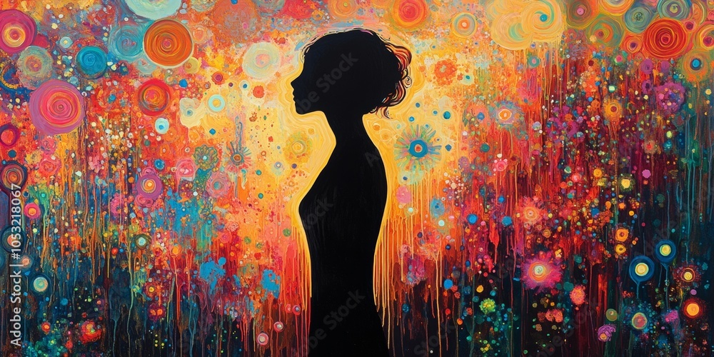 Aufkleber psychedelic silhouette in colorful patterns, an abstract portrayal of a dynamic figure immersed in a