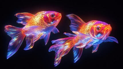 Two glowing goldfish in an abstract art style.