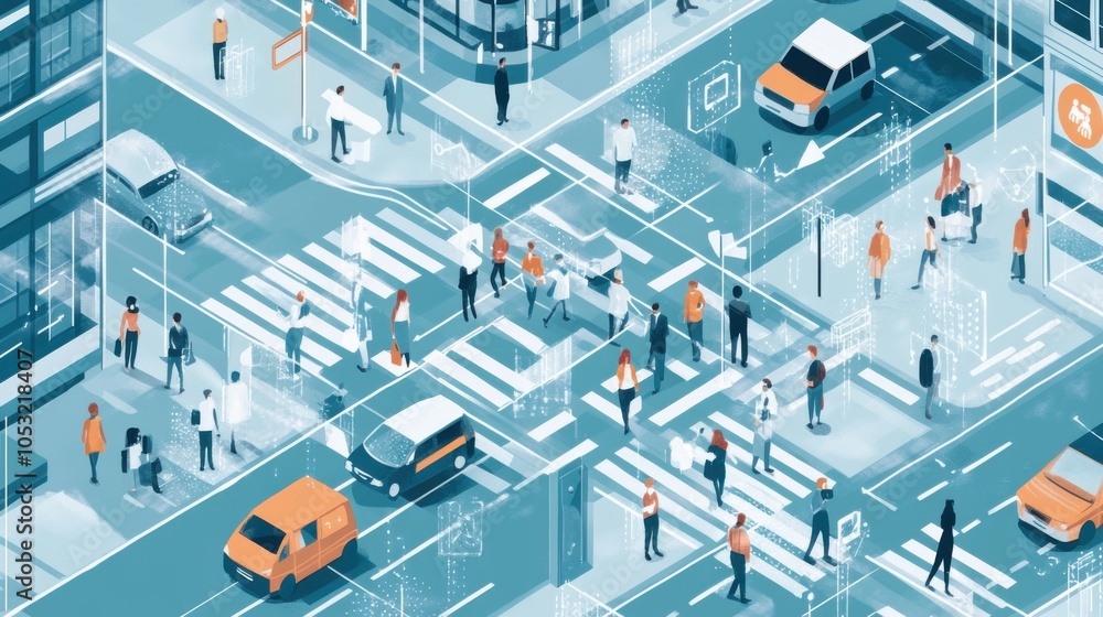Poster a smart city concept with people connected to iot devices, all linked to a secure internet