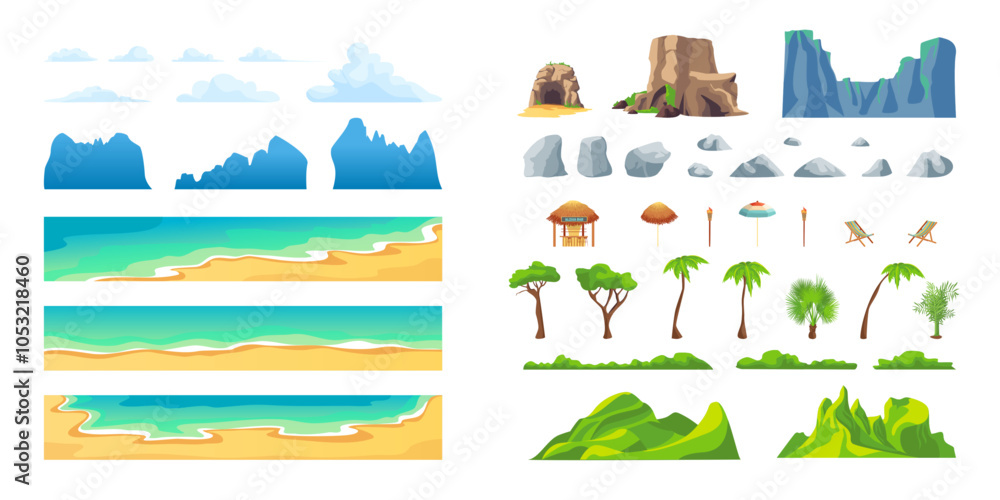 Poster cartoon color beach landscape constructor different elements set concept flat design style. vector i