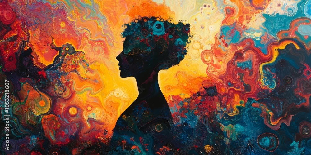 Poster psychedelic silhouette in a colorful abstract realm, vibrant patterns intertwine with dynamic forms,