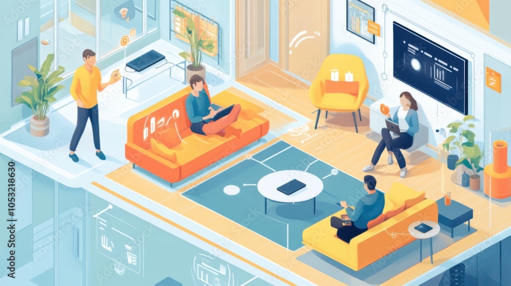 Poster a smart home scene where iot devices connect to a secure cloud network, with