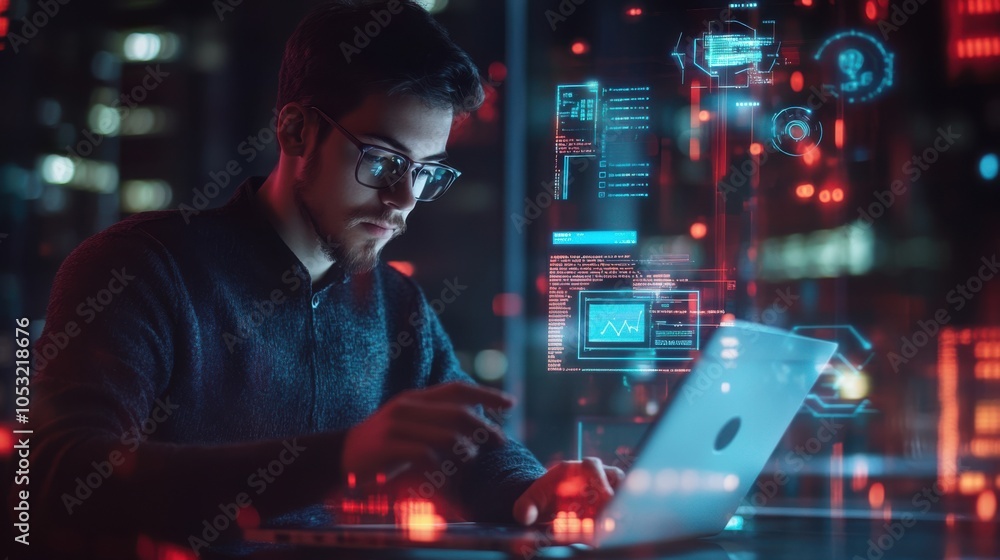 Poster a software engineer coding on a laptop, surrounded by holographic symbols of