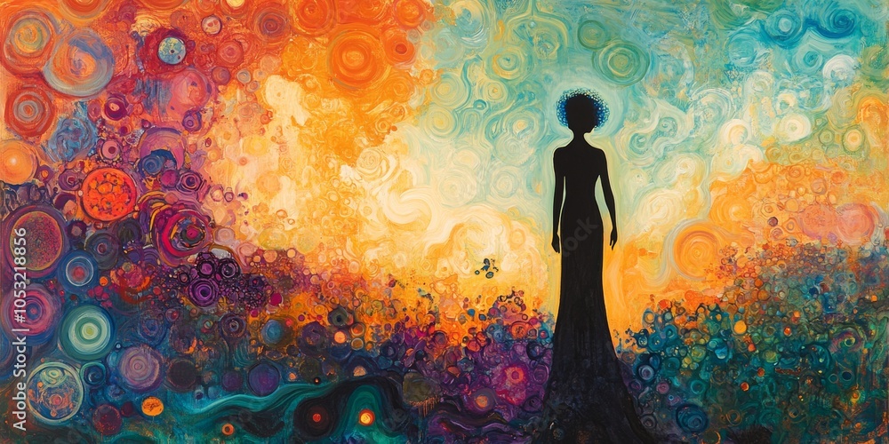 Poster psychedelic silhouette in vibrant patterns, an abstract representation of energy and color, evoking 