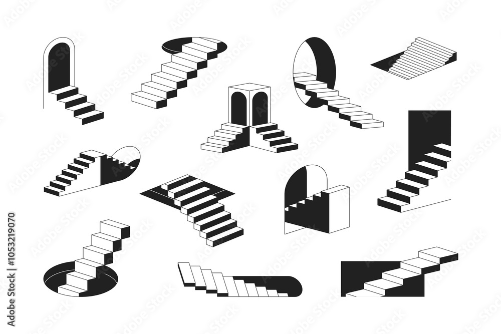 Poster geometric monochrome abstract surreal stairs with and outline elements set concept flat design style