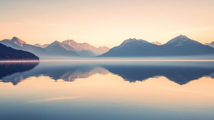 Obraz premium A tranquil scene of majestic mountains reflecting in a still lake at dawn, with soft pastel hues painting the sky and mist clinging to the peaks. 