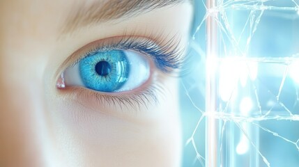 Close-up of a striking blue eye with intricate details, showcasing beauty and depth, surrounded by soft glowing light.