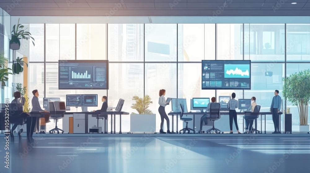 Poster a support team in a modern office space, with screens displaying network diagnostics and