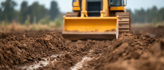 Fototapeta premium Close-up view of a yellow bulldozer working on a dirt field, showcasing construction and earthmoving activities in action.