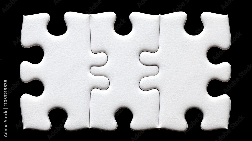 Poster interlocking puzzle pieces: three white puzzle pieces interlock against a black background, symboliz