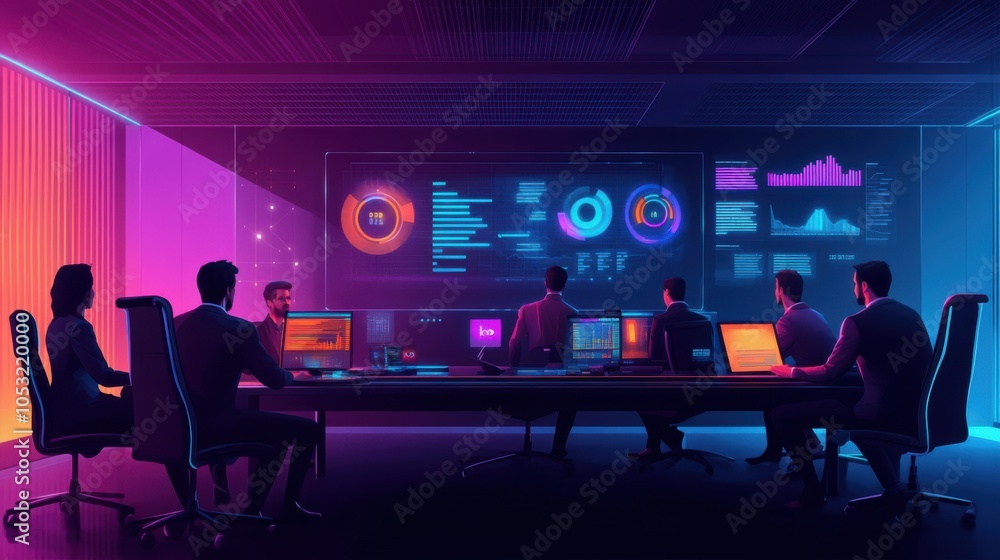 Poster a team of business analysts in a high-tech meeting room, collaborating on data-driven