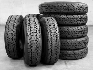 Stacked tires display intricate tread patterns, emphasizing durability and design in automotive essentials.