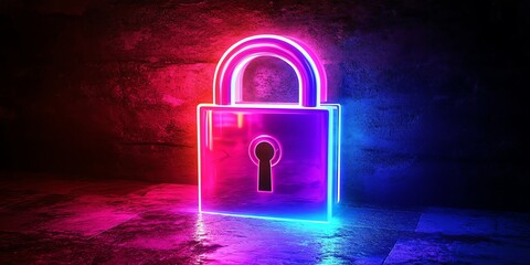 Glowing digital lock, neon light effect, infographic network, social security theme, secure connections