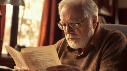 A senior man closely examining his life insurance policy document, emphasizing the importance of insurance in retirement planning and ensuring peace of mind for a secure future.
