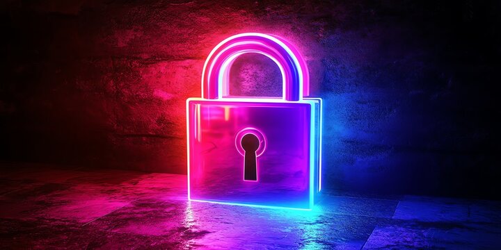 Glowing digital lock, neon light effect, infographic network, social security theme, secure connections - Powered by Adobe