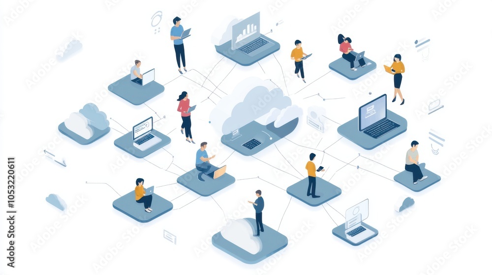 Poster a vector illustration of a global network with people using smart devices, all securely