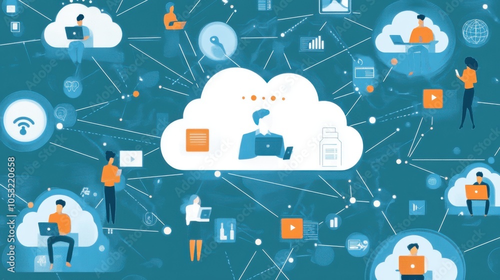 Poster a vector illustration of a global network with people using smart devices, all securely