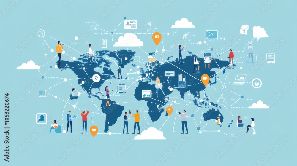 Poster a vector illustration of a global network with people using smart devices, all securely
