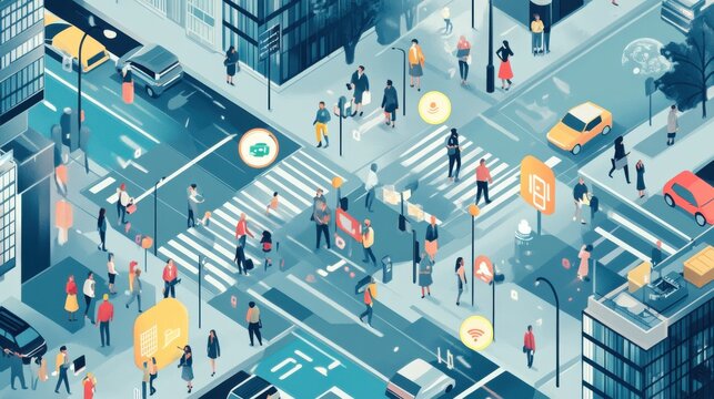 A vector illustration of a smart city with people using IoT devices connected to a secure cloud