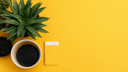 Yellow Vibe Workspace: Flatlay of coffee, succulent plants, and a yellow notepad on a vibrant yellow background. Perfect for blogs, social media, and marketing materials.  