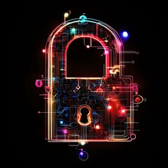 Fototapeta premium Glowing lock, neon light effect, social security infographic, network connections, digital design