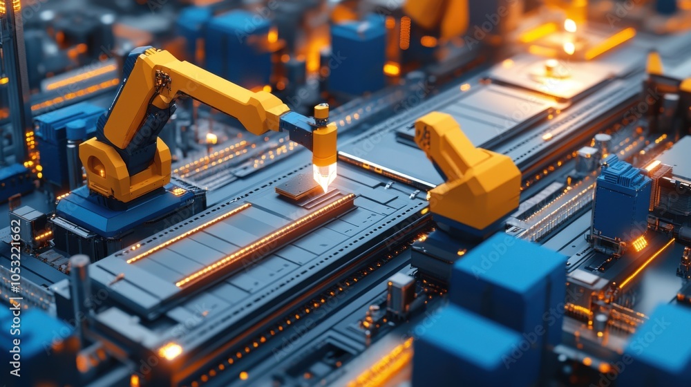 Poster robotic arms assembling components on a circuit board.