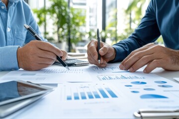 Close-up of two professionals collaborating on financial graphs and reports, analyzing data for business growth and strategy.