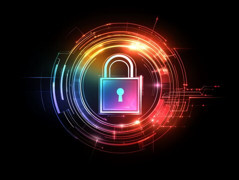 Modern infographic, digital lock icon, social security network, neon light highlights, glowing effect