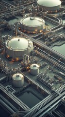 Obraz premium The global energy market dynamics are showcased through a complex network of pipelines and storage tanks illustrating the challenges in managing energy resources and supply chains effectively.