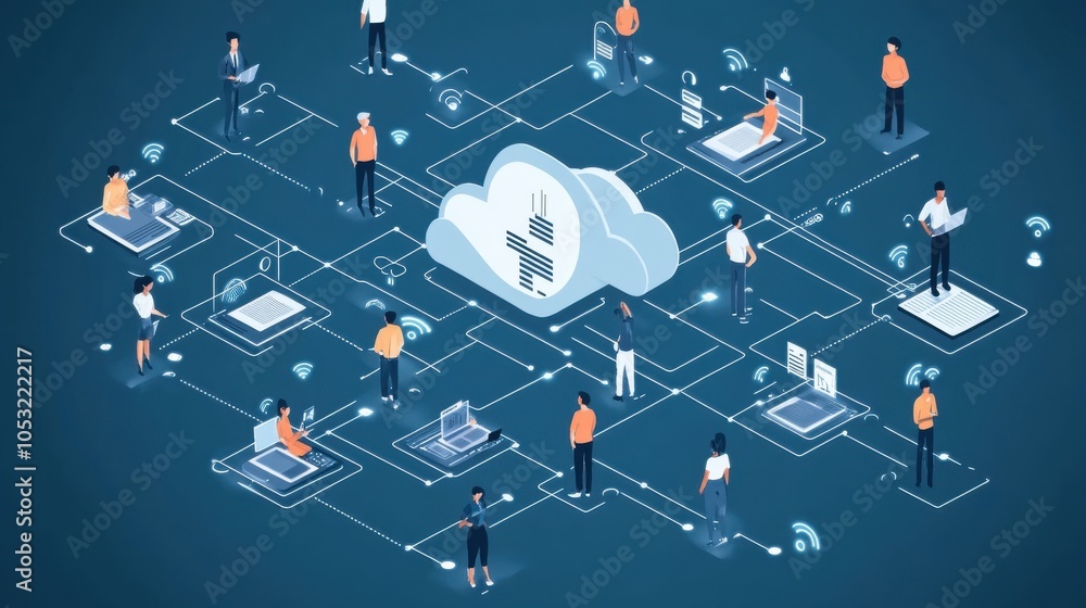 Poster an abstract design showing people connected through iot devices to a central cloud server,