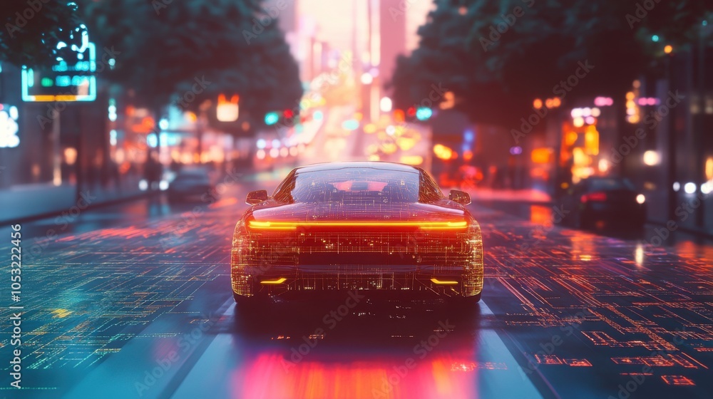Poster an ai-driven autonomous car navigating a busy city street, surrounded by data and